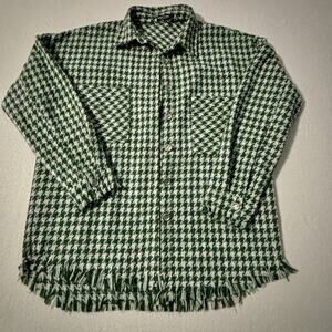 NASTY‎ GAL Houndstooth Green Pattern Fringed Shirt Jacket Women's Size Large